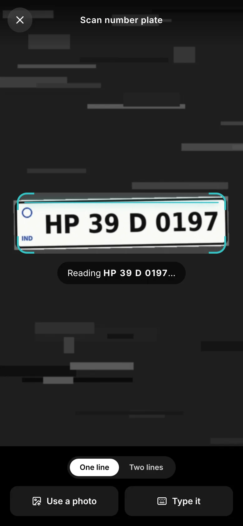 Scanning a number plate in the app